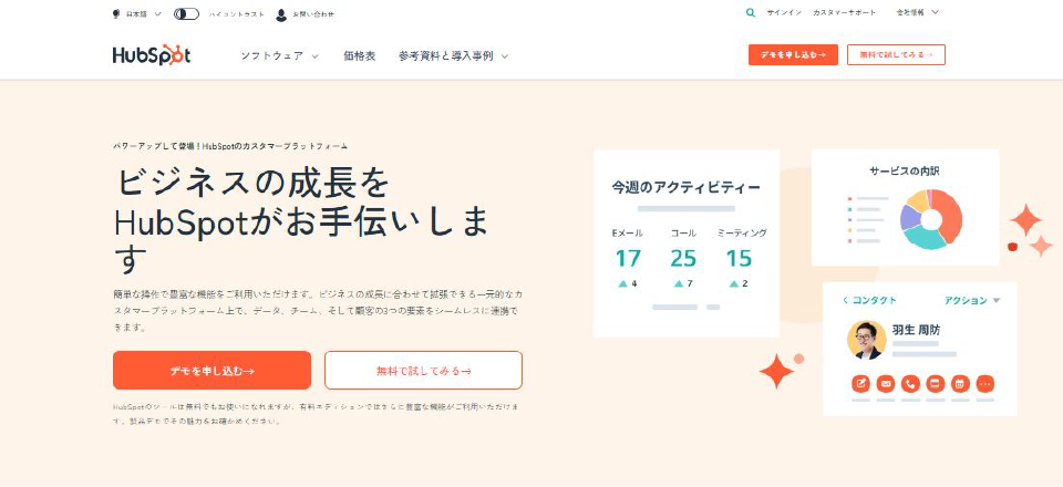 「HubSpot」の製品サイトファーストビュー