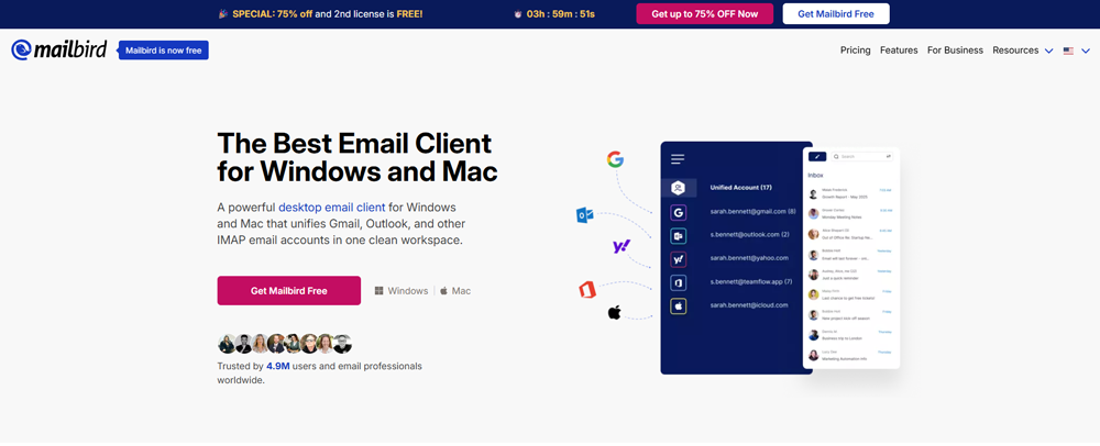 Mailbird（メールバード）の製品サイトのファーストビュー