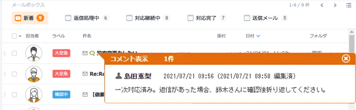 対応方針確認中のメールも共有