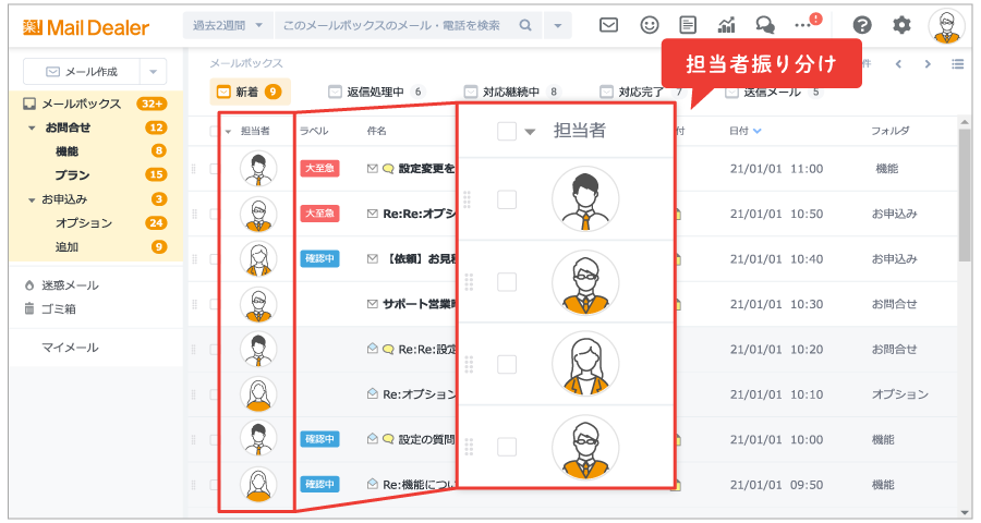メールごとに担当者を設定可能