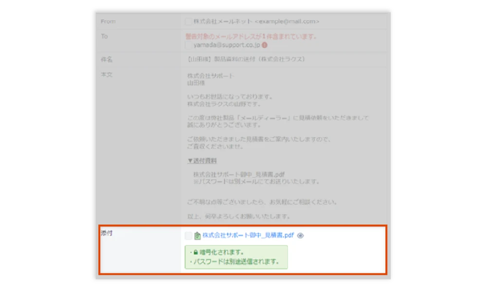 メールを送る際に情報漏洩を未然に防ぐために暗号化、パスワード付きのファイルに変換される